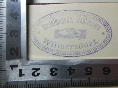 4 G 265 : Materie nie ohne Geist : Vortrag im Giordano-Bruno-Bunde zu Berlin gehalten und für den Druck erweitert (1901);- (Sozialdemokratischer Wahlverein Wilmersdorf), Stempel: Name, Ortsangabe, Abbildung; 'Sozialdemokr. Wahlverein 
Wilmersdorf.'. 