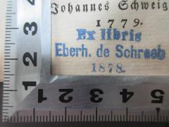 - (Schreeb, Eberh. de), Stempel: Exlibris, Name, Datum; 'Ex libris
Eberh. de Schreeb
1878.'. 