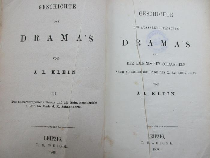 4 I 26-3 : Geschichte des aussereuropäischen Drama's und der lateinischen Schauspiele nach Christus bis Ende des X. Jahrhunderts (1866)