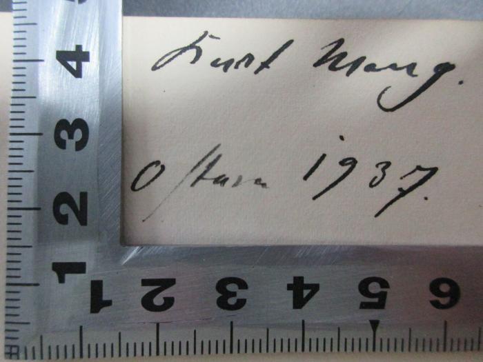 - (Mang, Kurt), Von Hand: Autogramm, Datum; 'Kurt Mang.[?]
Ostern 1937.'. ;2 L 207&lt;2&gt; : Prometheus und Epimetheus : ein Gleichnis (1923)