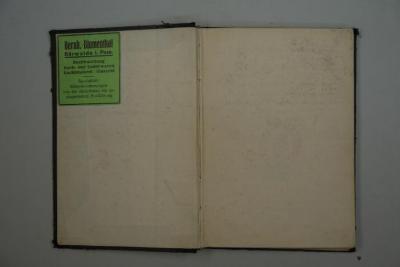 - (Blumenthal, Bernhard), Etikett: Ortsangabe, Name, Buchhändler, Berufsangabe/Titel/Branche, Buchbinder; 'Bernh[ard] Blumenthal
Bärwalde i[n] Pom[mern]
Buchhandlung
Korb- und Lederwaren
Buchbinderei / Glaserei
Specialität: Bildereinrahmungen von der einfachsten bis zur elegantesten Ausführung'. 