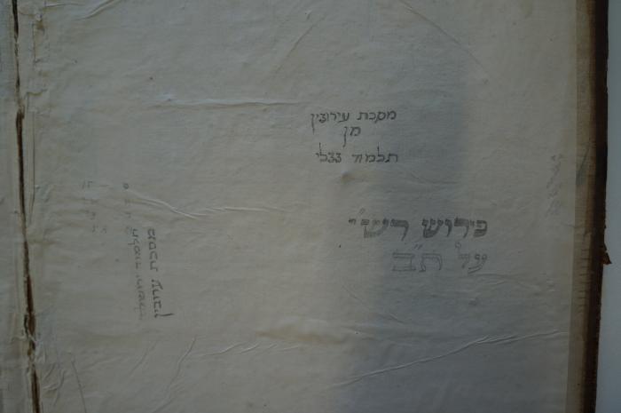 Asch7118 : מסכת עירובין : עם פירוש רש׳׳י ותוספות ופסקי תוספות ורבינו אשר ופסקי הר׳׳אש ופי המשניות מהד׳׳מבם ז׳׳ל (1716);- (Hakohen, Daṿid), Von Hand: Notiz; 'מסכת עירובין 
מן
תלמוד בבלי

פירוש רש׳׳י
על ת׳׳ב

תלמוד ירושלמי
מסכת ערובין'. 
