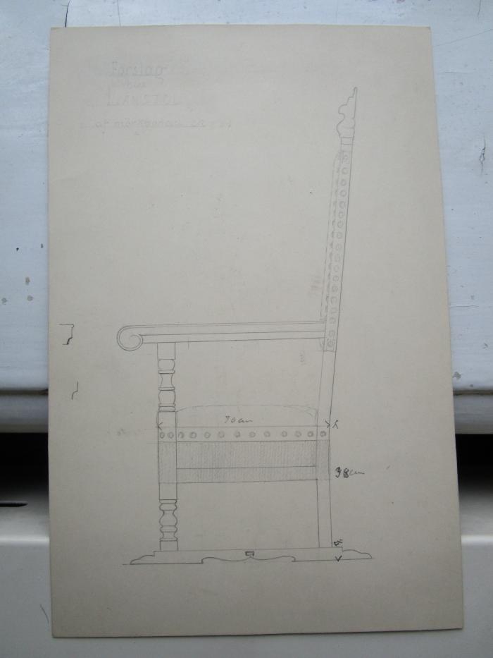 Exlibris-Nr.  145;- (Wolff-Grohmann, Wolfgang W.), Von Hand: Abbildung; 'Föslag tiu Länstol af mörkbonad ek
70 cm
38 cm'. 