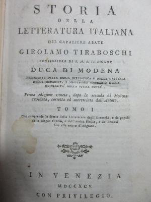 18 N 121-1 : La storia della letteratura degli Etruschi, e de' popoli della Magna Grecia, e dell' antica Sicilia, e de'Romani fino alla morte d'Augusto (1795)