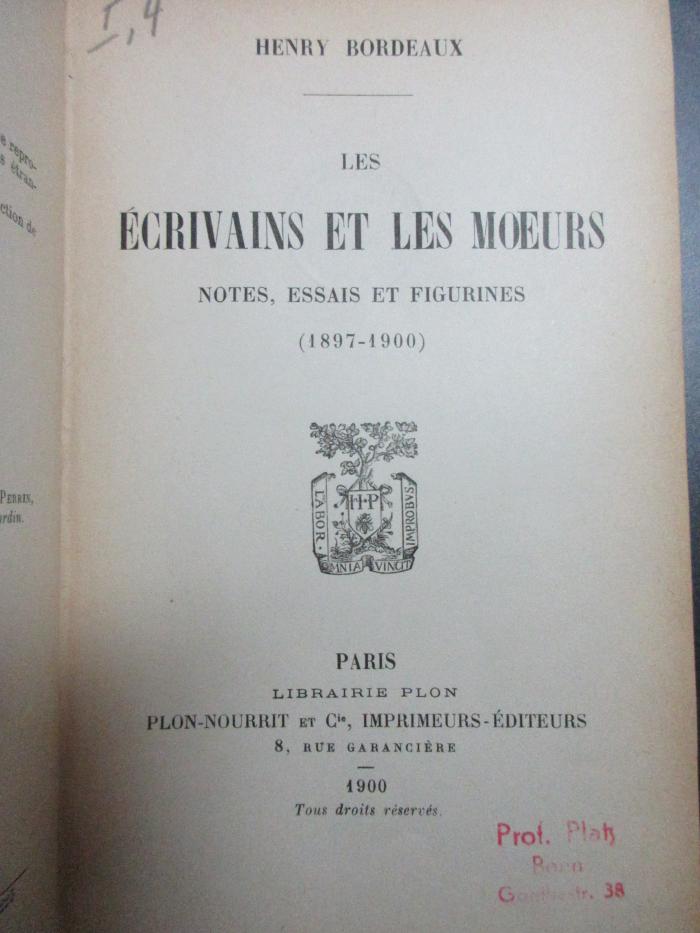 16 N 277 : Les Ecrivains et les moeurs : notes, essais et figurines (1897 - 1900) (1900)