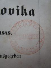 - (Grosse Landesloge der Freimaurer von Deutschland), Stempel: Name, Ortsangabe, Berufsangabe/Titel/Branche; 'Gr. L. Loge d. Fr. M. V. Deutschl. *Berlin* Bibliothek'.  (Prototyp)