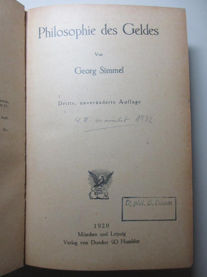 5 D 131&lt;3&gt; : Philosophie des Geldes (1920)
