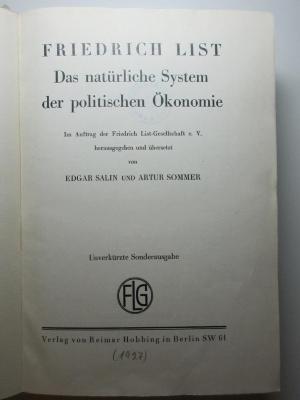 8 D 131 : Das natürliche System der politischen Ökonomie (1927)