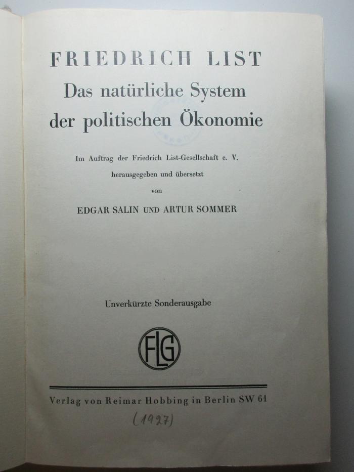8 D 131 : Das natürliche System der politischen Ökonomie (1927)