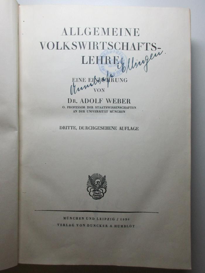 8 D 182&lt;3&gt; : Allgemeine Volkswirtschaftslehre : eine Einführung (1930)