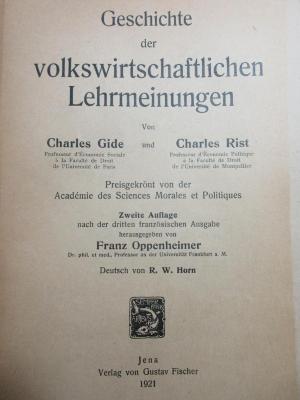 38/97/35052(7) : Geschichte der volkswirtschaftlichen Lehrmeinungen : preisgekrönt von der Académie des Sciences Morales et Politiques (1921)