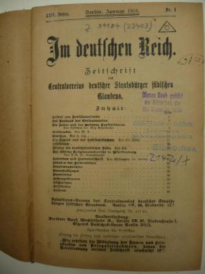  Im deutschen Reich. Zeitschrift des Centralvereins deutscher Staatsbürger jüdischen Glaubens. (1918)