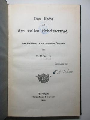 8 D 496 : Das Recht auf den vollen Arbeitsertrag : eine Einführung in die theoretische Ökonomie (1900)