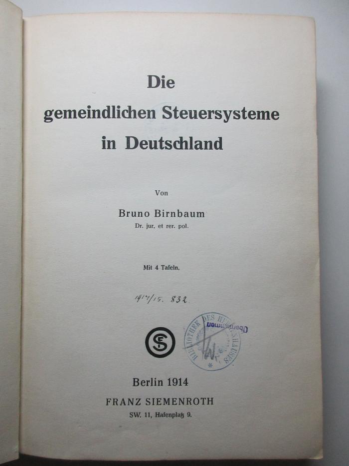 8 D 605 : Die gemeindlichen Steuersysteme in Deutschland (1914)