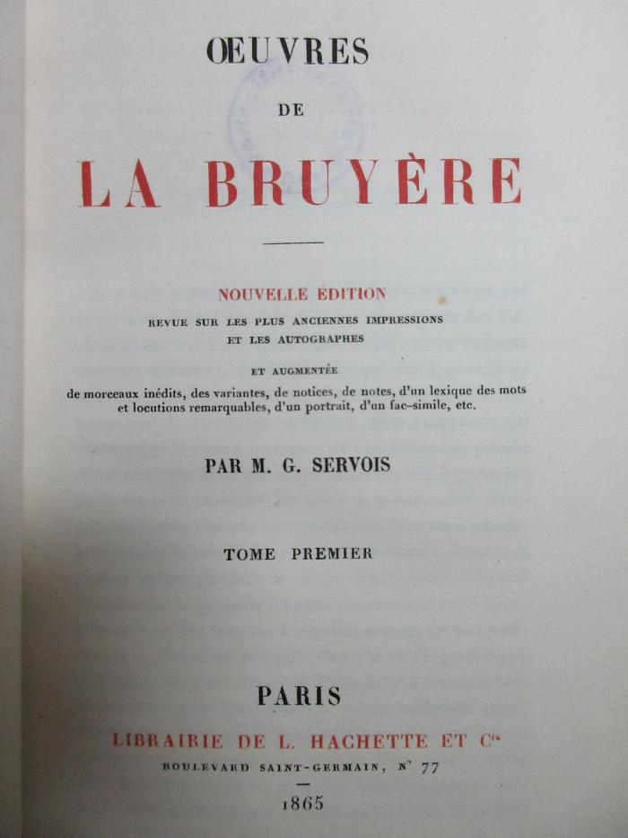 6 N 116&lt;*&gt;-1 : Les caractères de Théophraste, traduire du grec, avec les caractéres ou les moeurs de ce siècle (1865)