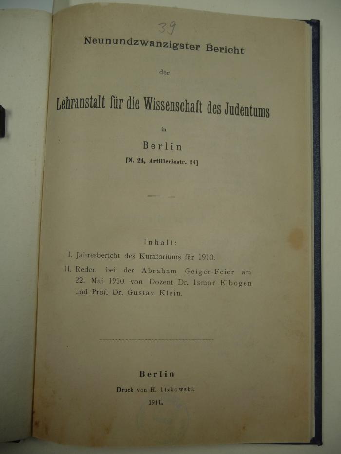  Neunundzwanzigster Bericht der Lehranstalt für die Wissenschaft des Judentums in Berlin (N. 24, Artilleriestr. 14). (1911)