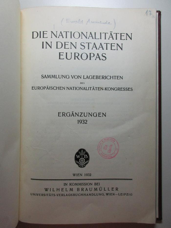 8 E 54-Erg.Bd.; ; ;: Die Nationalitäten in den Staaten Europas : Sammlung von Lageberichten des europäischen Nationalitäten-Kongresses (1932)
