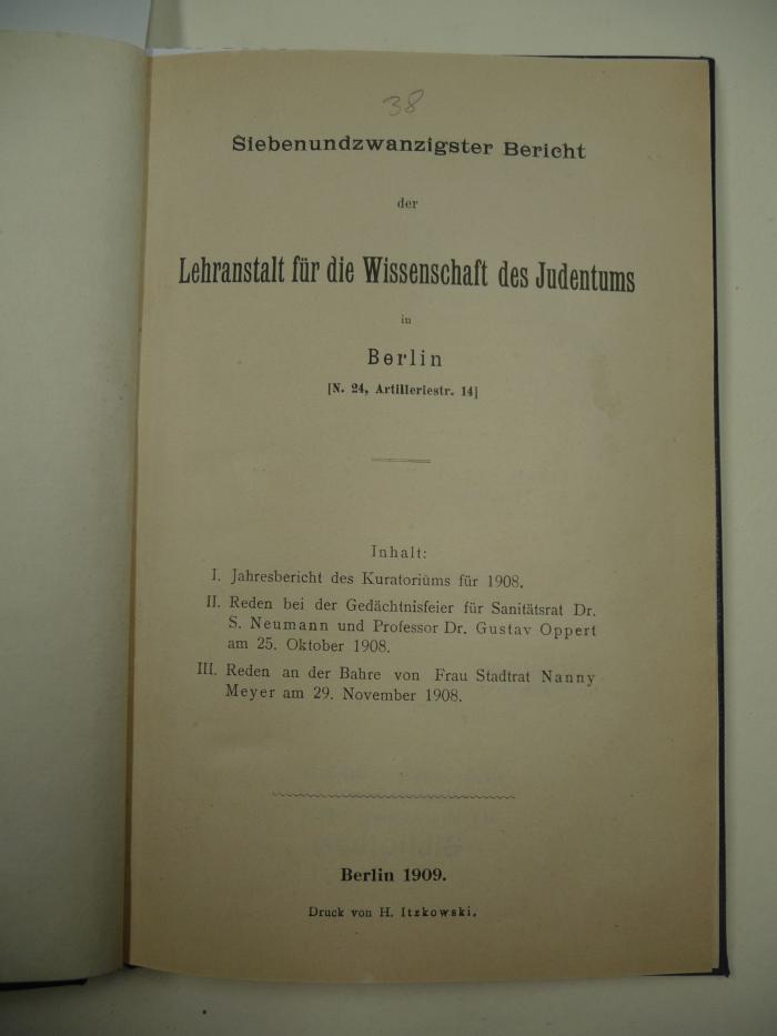  Siebenundzwanzigster Bericht der Lehranstalt für die Wissenschaft des Judentums in Berlin (N. 24, Artilleriestr. 14). (1909)