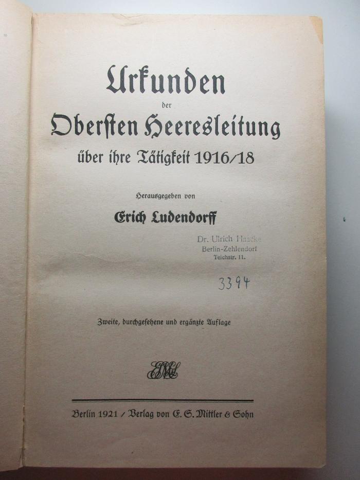 8 E 181&lt;2&gt; : Urkunden der obersten Heeresleitung über ihre Tätigkeit 1916/18 (1921)