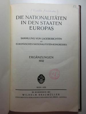 8 E 54-Erg.Bd.; ; ;: Die Nationalitäten in den Staaten Europas : Sammlung von Lageberichten des europäischen Nationalitäten-Kongresses (1932)