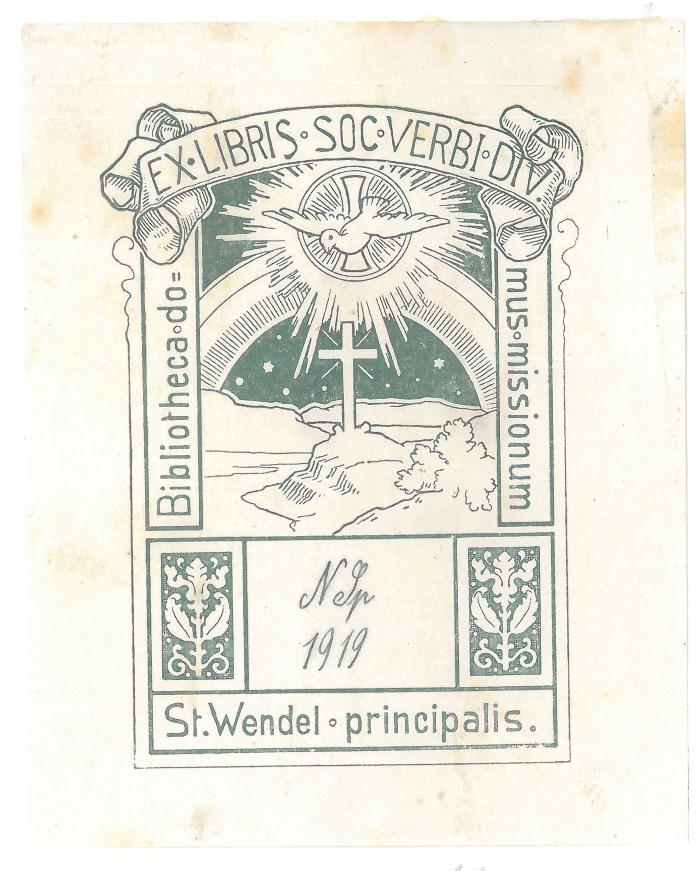 Exlibris-Nr.  196;- (Missionshaus Sankt Wendel), Von Hand: Signatur; 'N Sp
1919'. 