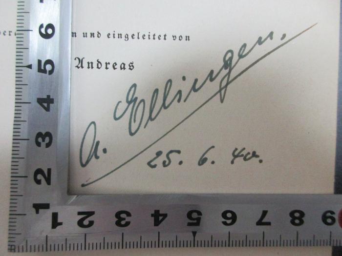 - (Ellingen, Anneliese), Von Hand: Autogramm, Datum; 'A. Ellingen
25.6.40.'. ;6 F 35 : Englands Machtpolitik : Vorträge und Studien (1940)