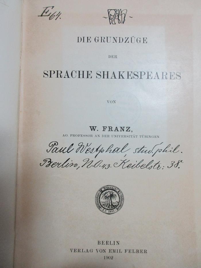 17 M 228 : Die Grundzüge der Sprache Shakespeares (1902)