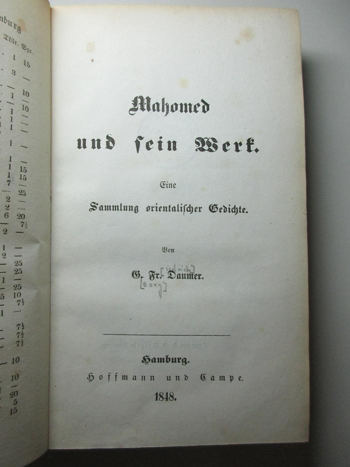17 P 418 : Mahomed und sein Werk : eine Sammlung orientalischer Gedichte (1848)