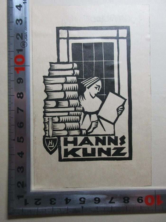 - (Kunz, Hanns), Etikett: Exlibris, Name, Initiale, Abbildung; 'H Hanns
Kunz'. ;18 A 2 : Der Pressbengel : Gesprächsbüchlein zwischen dem ästhetischen Bücherfreund und seinem in allen Sätteln gerechten Buchbinder (1922)