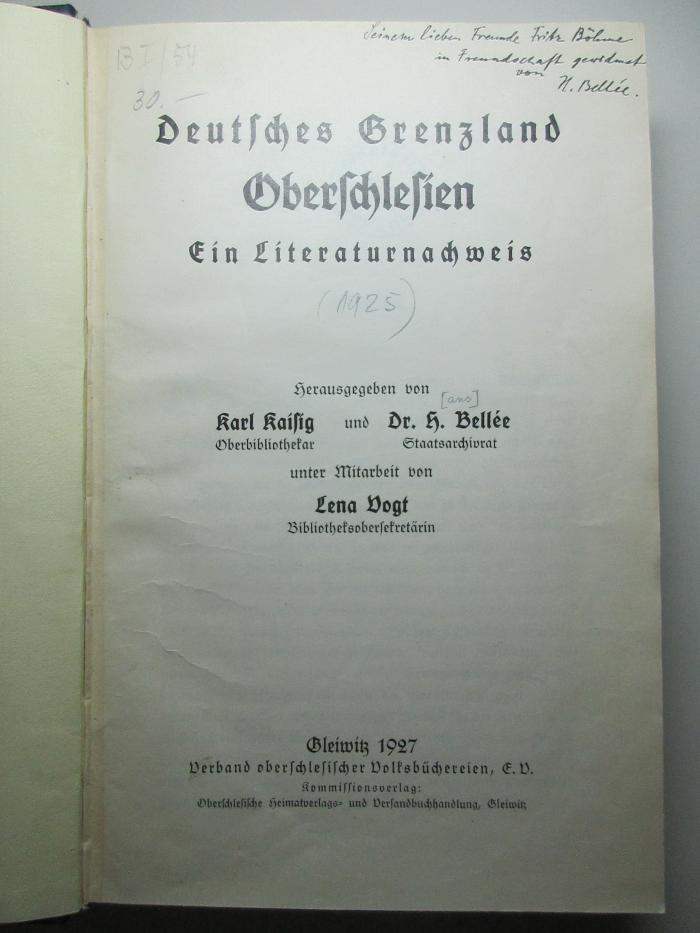 8 F 186-Hauptw. : Deutsches Grenzland Oberschlesien : ein Literaturnachweis (1927)
