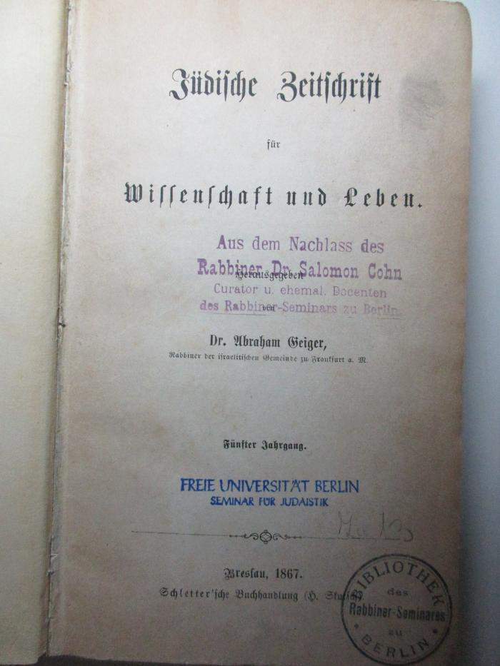 Zb 298 5/6 : Jüdische Zeitschrift für Wissenschaft und Leben, 5. Jahrgang  (1867)