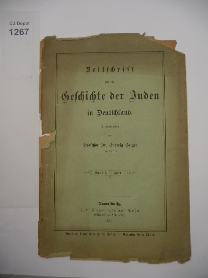  Zeitschrift für die Geschichte der Juden in Deutschland. (1886)