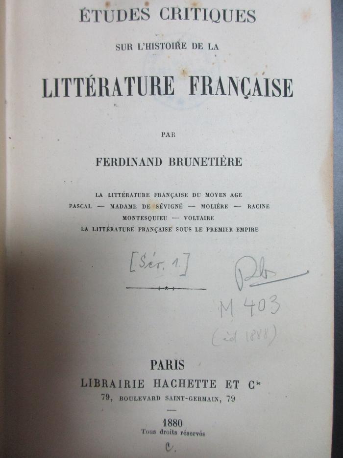 7 N 75-1 : Études critiques sur l'histoire de la littérature française (1880)