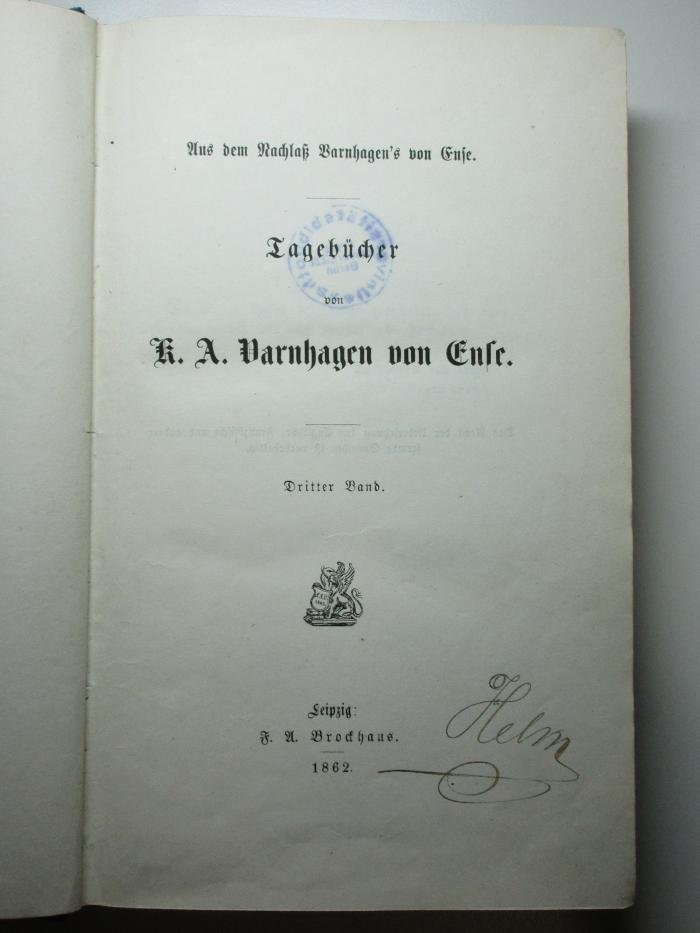 2 F 153-3 : Tagebücher : aus dem Nachlaß Varnhagen's von Ense (1862)