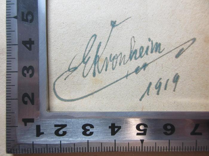 - (Kronheim, E.), Von Hand: Autogramm, Datum; 'E. Kronheim
1919'. ;2 F 179 : Nach der Flut (1919)