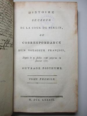 2 F 762-1/2 : Histoire secrète de la Cour de Berlin, ou correspondance d'un voyageur françois depuis le 5 Juillet 1786 jusqu'au 19 janvier 1787 (1789)