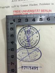 - (Städtische Volksbücherei und Lesehalle (Neukölln)), Stempel: Name, Ortsangabe; 'Stadt Berlin Volksbücherei Neukölln Zweigstelle I'. 