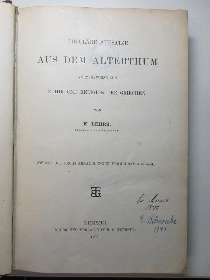 6 K 59&lt;2&gt; : Populäre Aufsätze aus dem Altertum : vorzugsweise zur Ethik und Religion der Griechen (1875)