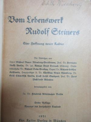 7 G 211&lt;3&gt; : Vom Lebenswerk Rudolf Steiners : eine Hoffnung neuer Kultur (1921)