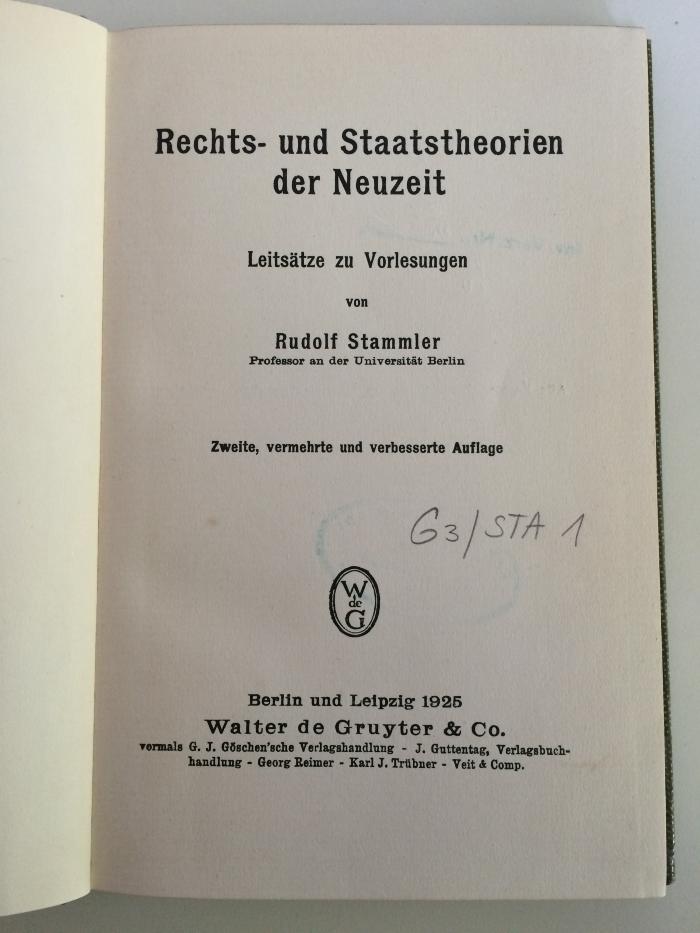 G 3/STA 1 (ausgeschieden) : Rechts- und Staatstheorien der Neuzeit (1925)