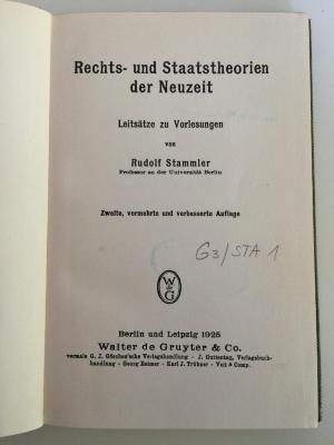 G 3/STA 1 (ausgeschieden) : Rechts- und Staatstheorien der Neuzeit (1925)