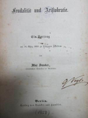 5 W 1059 : Feudalität und Aristokratie : ein Vortrag am 18. März 1858 zu Tübingen (1858)