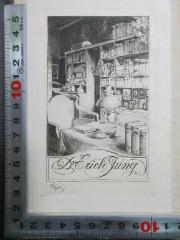 - (Jung, Erich), Etikett: Berufsangabe/Titel/Branche, Name, Exlibris, Abbildung; 'Dr. Erich Jung
Pleyer'.  (Prototyp)