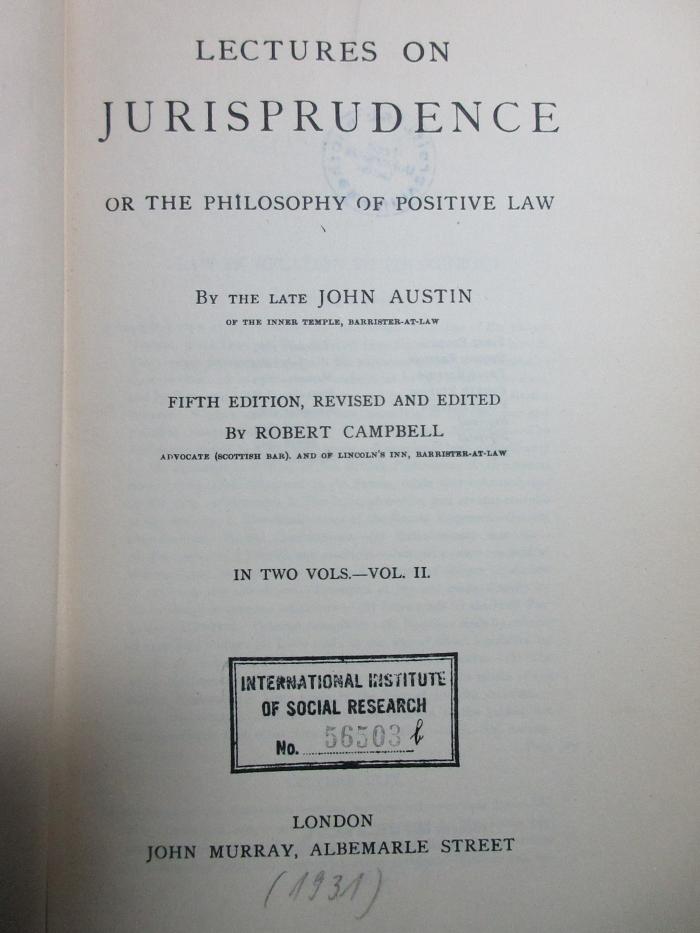 5 W 1184&lt;5*1931&gt;-2 : Lectures on jurisprudence or the philosophy of positive law (1931)