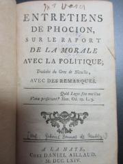 5 W 25 : Entretiens de Phocion, sur le raport de la morale avec la politique : Traduits du Grec de Nicolès, avec des remarques (1764)