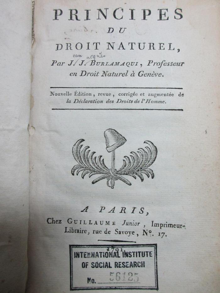 5 W 1221&lt;*&gt; : Principes du droit naturel (1791)