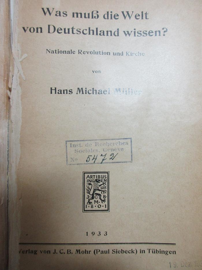 5 W 83 : Was muß die Welt von Deutschland wissen? Nationale Revolution und Kirche (1933)