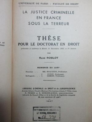5 W 1411 : La justice criminelle en France sous la terreur (1937)