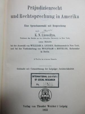 5 W 1455 : Präjudizienrecht und Rechtsprechung in Amerika : eine Spruchauswahl mit Besprechung (1933)