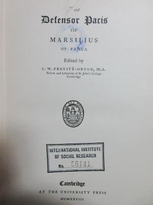 5 W 871 : The Defensor pacis of Marsilius of Padua (1928)